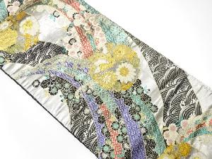 アンティーク　荒波に蝶・草花模様織り出し袋帯（材料）